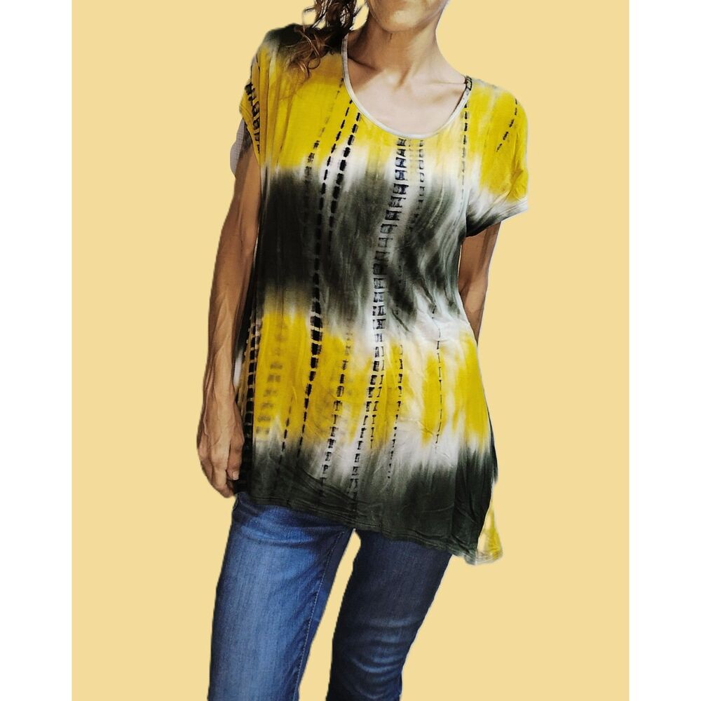B.L.E.U. ~ Green Yellow Tie-Dye Boho Flowy Top ~ Size Small